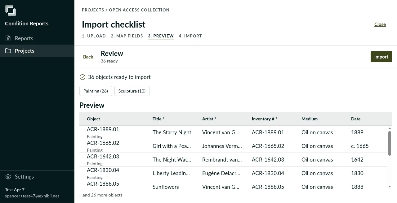 The web app previewing a CSV import: 36 objects ready to import, 26 paintings and 10 sculptures, with the first rows mapped to title, artist, inventory number, medium and date.