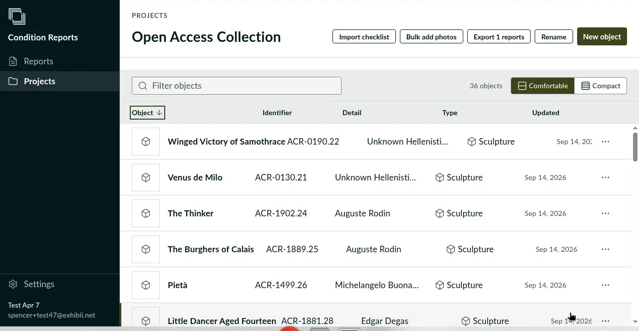 The web app showing the Open Access Collection project as a table of sculptures with object, identifier, artist, type and date columns, a filter field and a density switch.