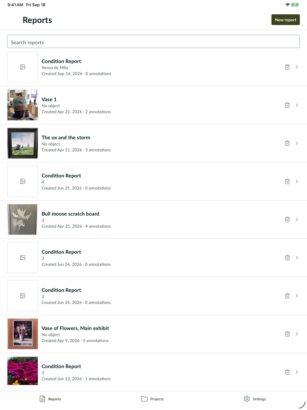 The iPad app listing condition reports, each with its object photograph, object name, creation date and annotation count.